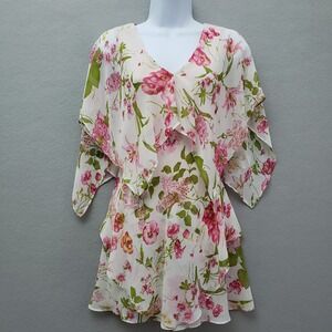 VICKY TIEL Women's Small Mini Dress Pink Floral Chiffon Tiered‎ Ruffle V-Neck